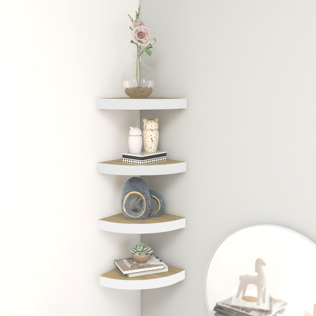Mensole Angolari 4 Pz 25X25X3,8 Cm In Mdf Rovere E Bianco