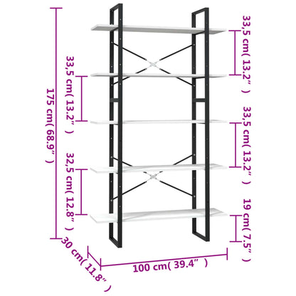 Libreria A 5 Ripiani Bianca 100X30X175 Cm In Legno Di Pino