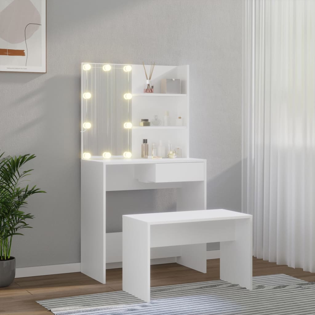 Set Tavolo Da Toeletta Bianco Con Led In Legno Multistrato