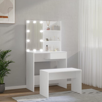 Set Tavolo Da Toeletta Bianco Con Led In Legno Multistrato