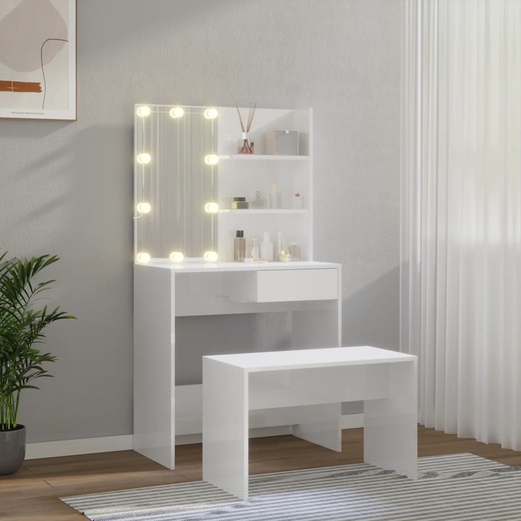 Set Tavolo Da Toeletta Bianco Lucido Con Led Legno Multistrato Talpa