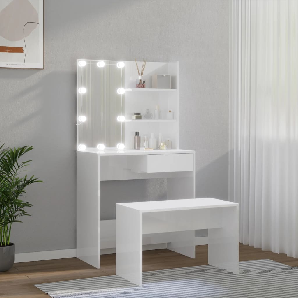 Set Tavolo Da Toeletta Bianco Lucido Con Led Legno Multistrato Talpa