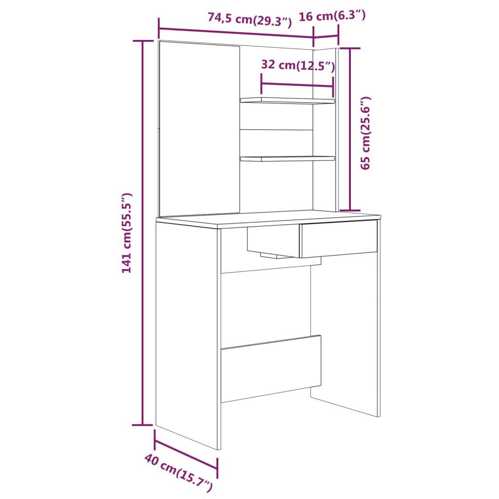 Set Tavolo Da Toeletta 74,5X40X141 Cm