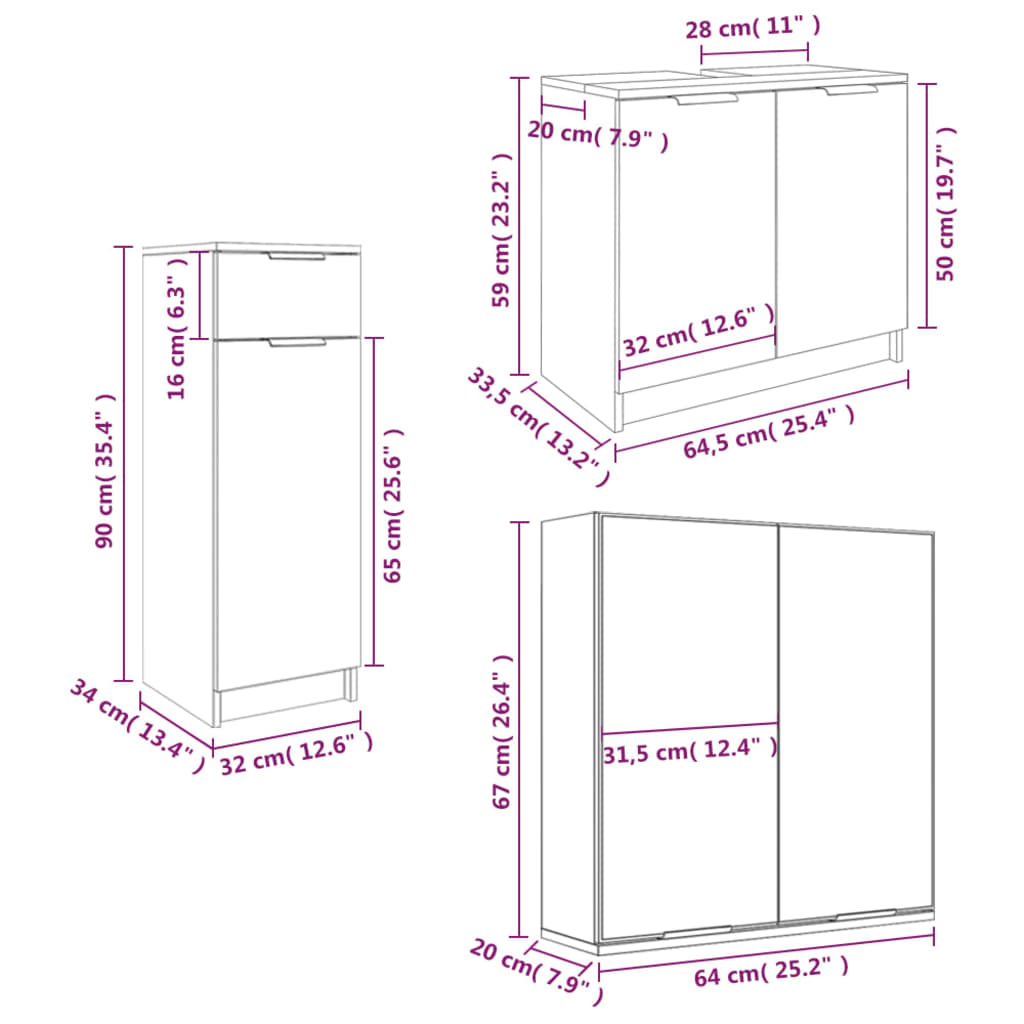Set Di Mobili Da Bagno 3 Pz In Legno Multistrato