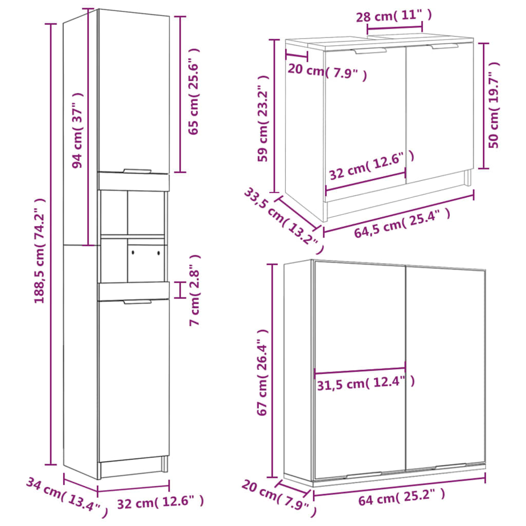 Set Mobili Da Bagno 3 Pz In Legno Multistrato