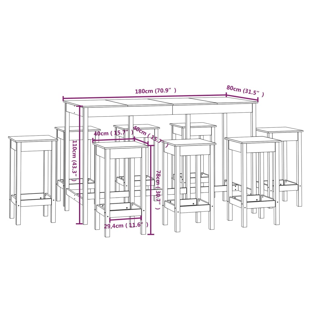 Set Da Bar 9 Pz In Legno Massello Di Pino