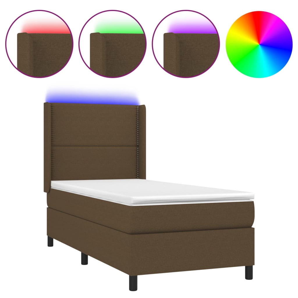 Letto A Molle Materasso E Led Marrone Scuro 80X200Cm In Tessuto Nero
