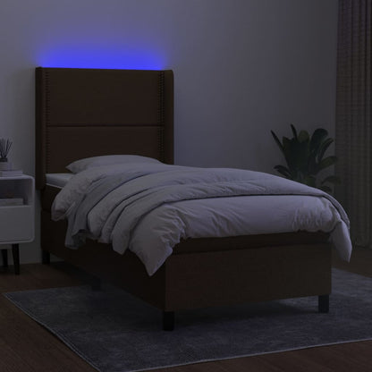 Letto A Molle Materasso E Led Marrone Scuro 80X200Cm In Tessuto Nero