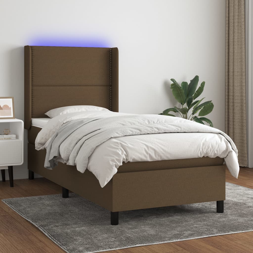 Letto A Molle Materasso E Led Marrone Scuro 80X200Cm In Tessuto Nero