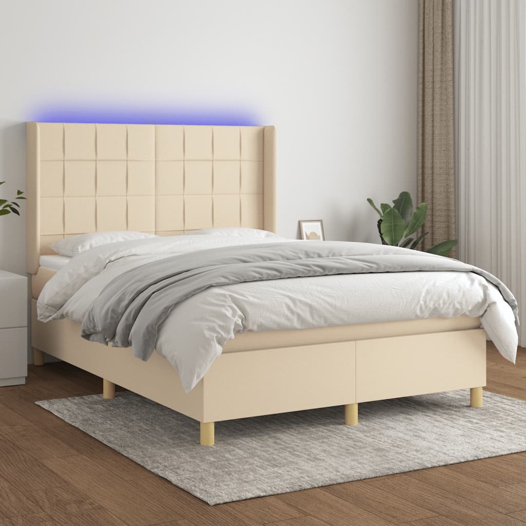 Letto A Molle Materasso E Led Bianco 200X200Cm In Tessuto Crema