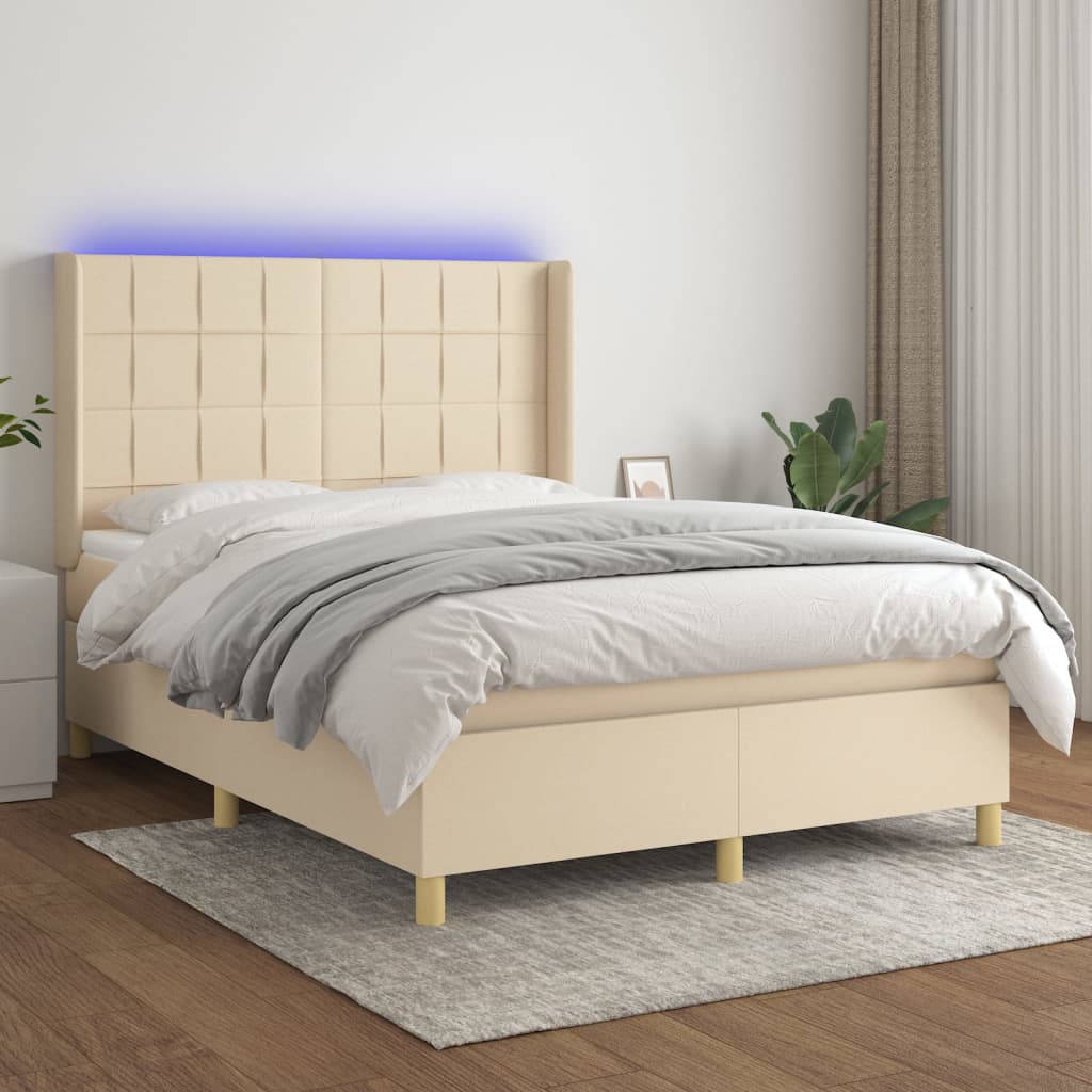 Letto A Molle Materasso E Led Bianco 200X200Cm In Tessuto Crema