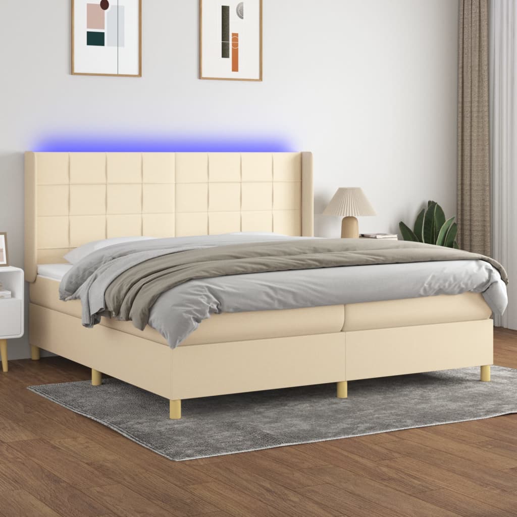Letto A Molle Materasso E Led Bianco 200X200Cm In Tessuto Crema