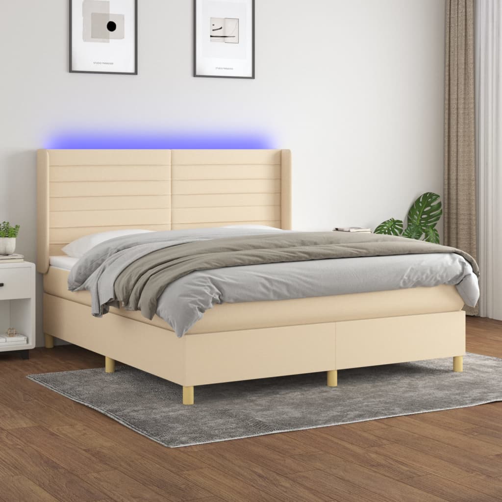 Letto A Molle Materasso E Led Bianco 200X200Cm In Tessuto Crema