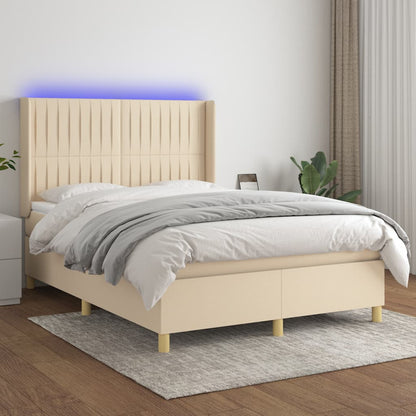 Letto A Molle Materasso E Led Bianco 200X200Cm In Tessuto Crema
