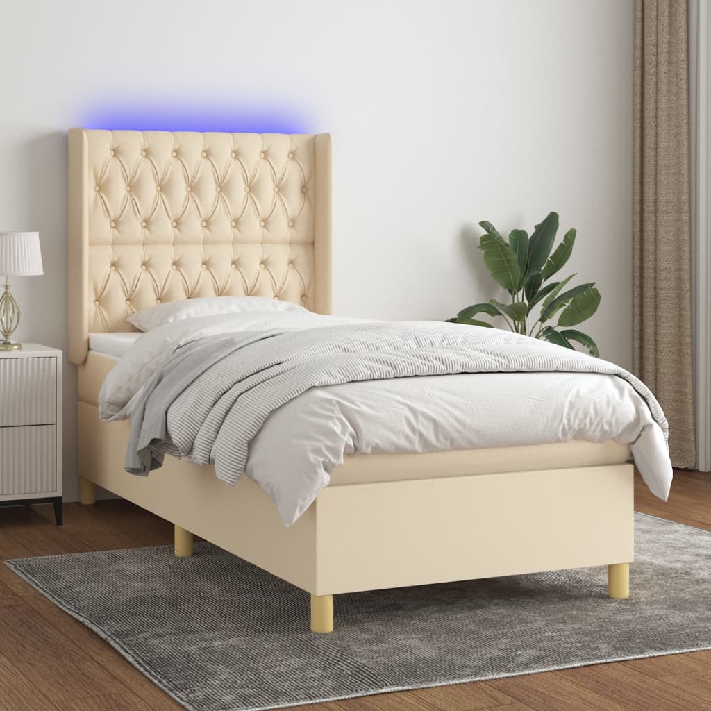 Letto A Molle Materasso E Led Bianco 200X200Cm In Tessuto Crema