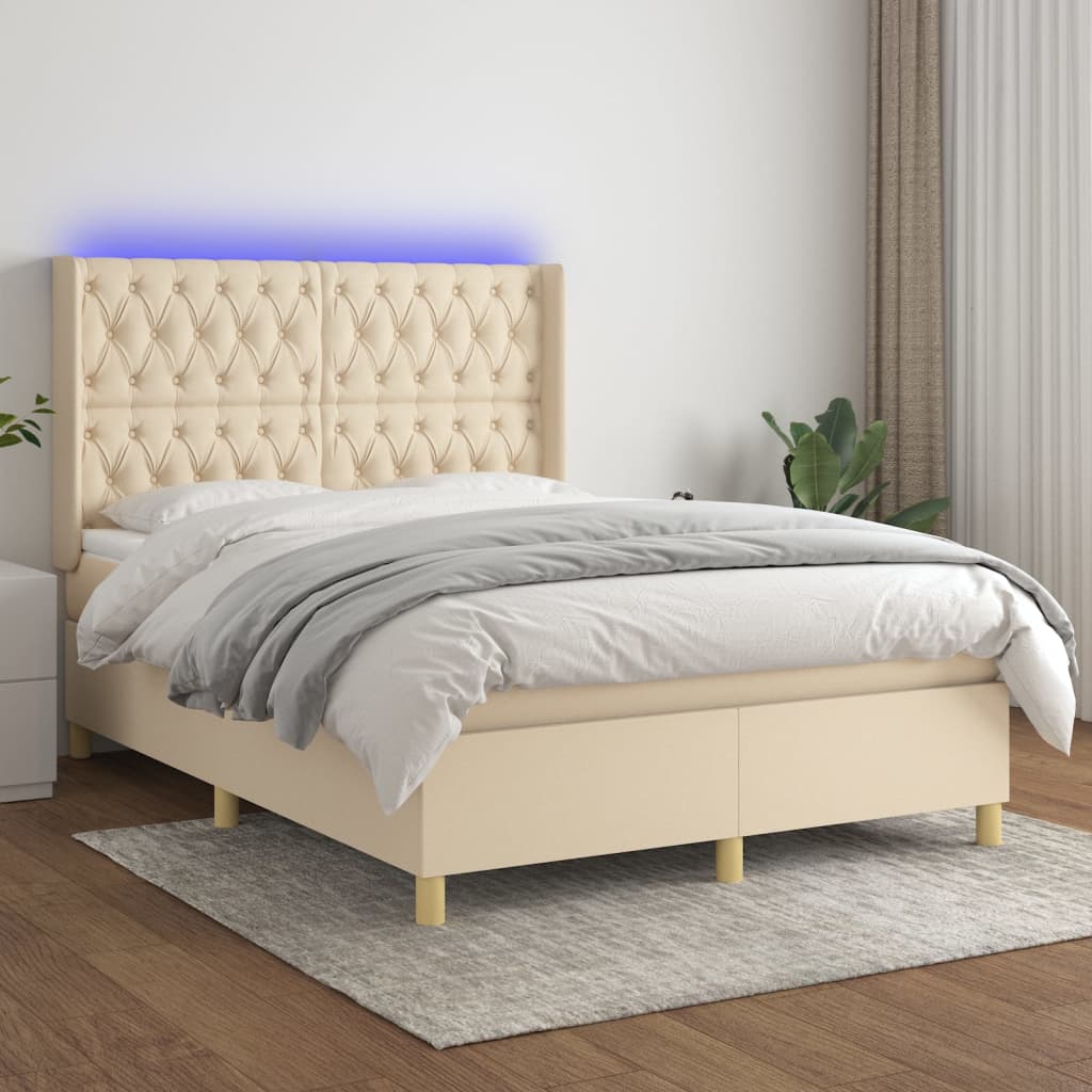 Letto A Molle Materasso E Led Bianco 200X200Cm In Tessuto Crema