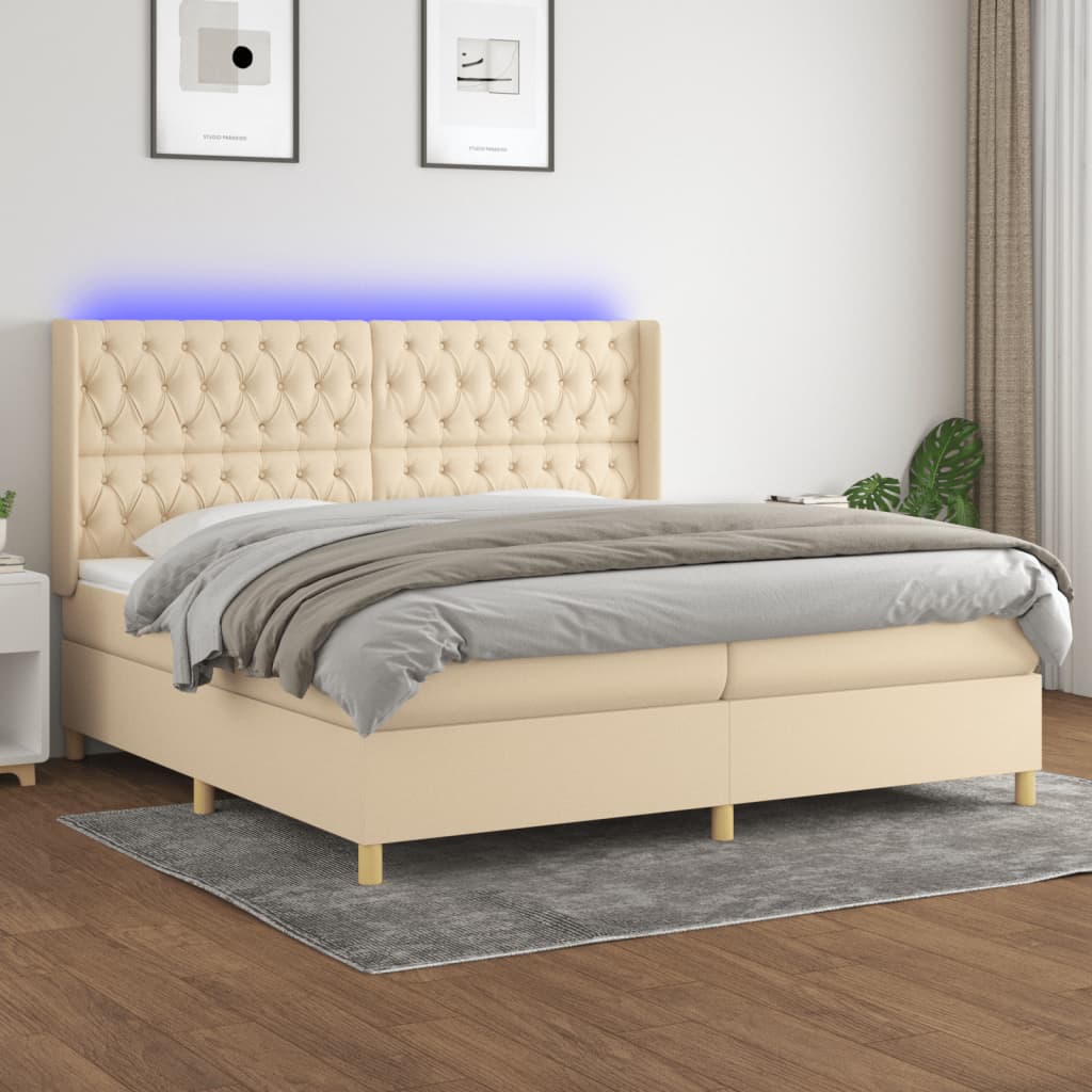 Letto A Molle Materasso E Led Bianco 200X200Cm In Tessuto Crema