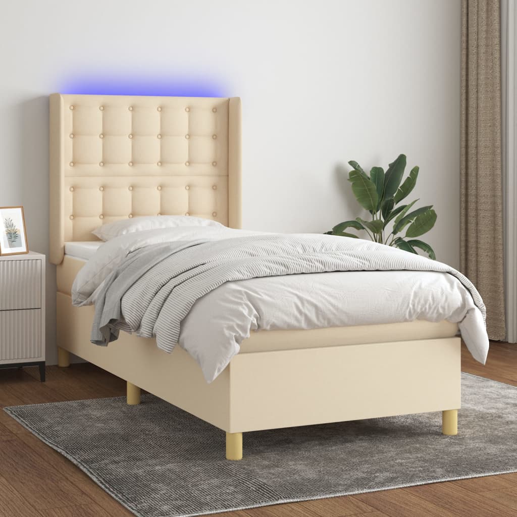 Letto A Molle Materasso E Led Bianco 200X200Cm In Tessuto Crema
