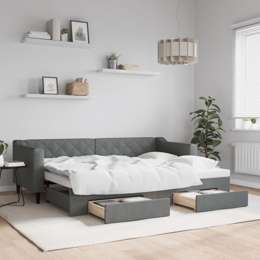 Divano Letto Estraibile Cassetti 90X200Cm Tessuto Grigio Scuro