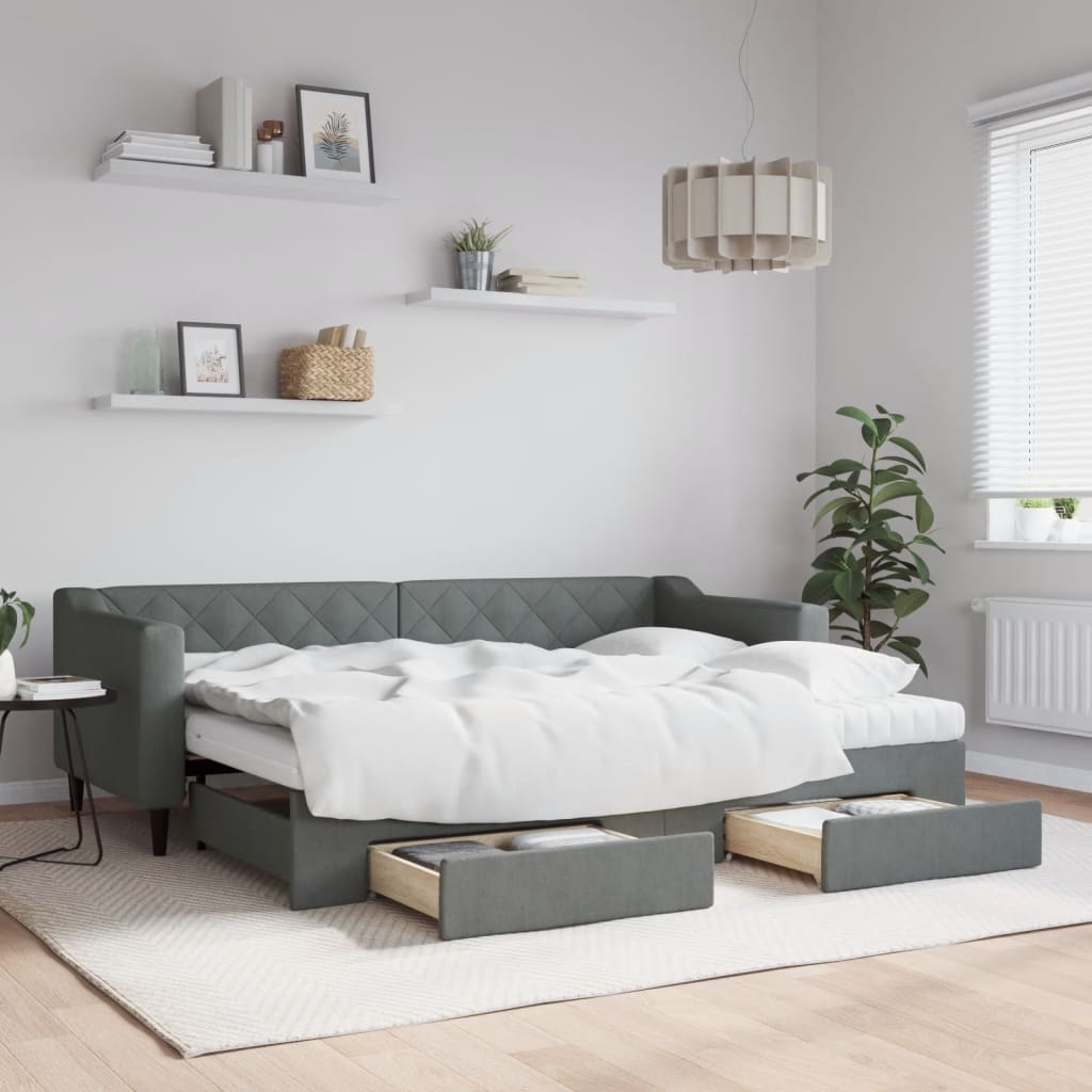 Divano Letto Estraibile Cassetti 90X200Cm Tessuto Grigio Scuro