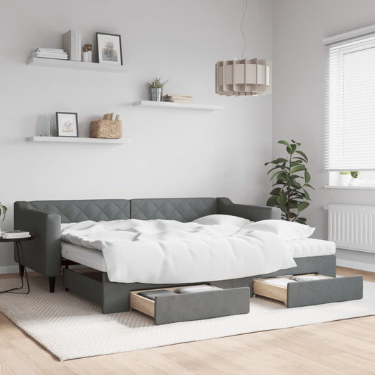 Divano Letto Estraibile Cassetti 90X200Cm Tessuto Grigio Scuro
