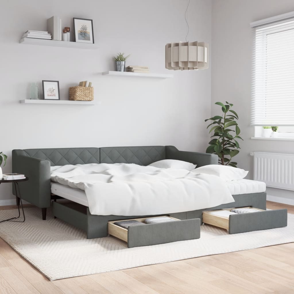 Divano Letto Estraibile Cassetti 90X200Cm Tessuto Grigio Scuro