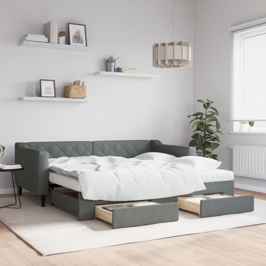 Divano Letto Estraibile Cassetti 90X200Cm Tessuto Grigio Scuro
