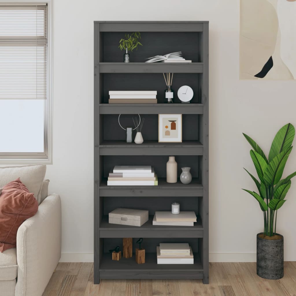 Libreria Grigia 80X35X In Legno Massello Di Pino Grigio