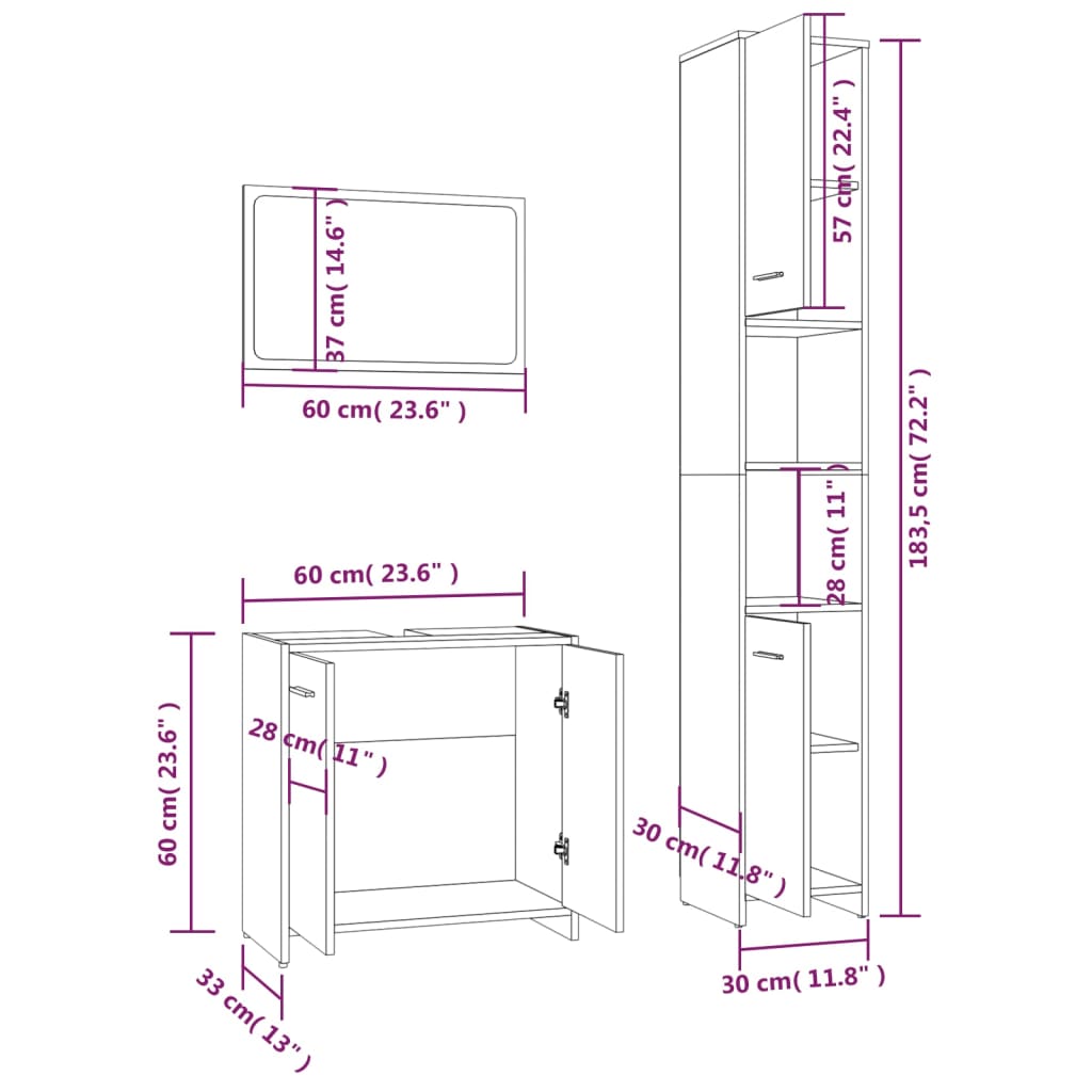 Set Mobili Da Bagno 3 Pz In Legno Multistrato