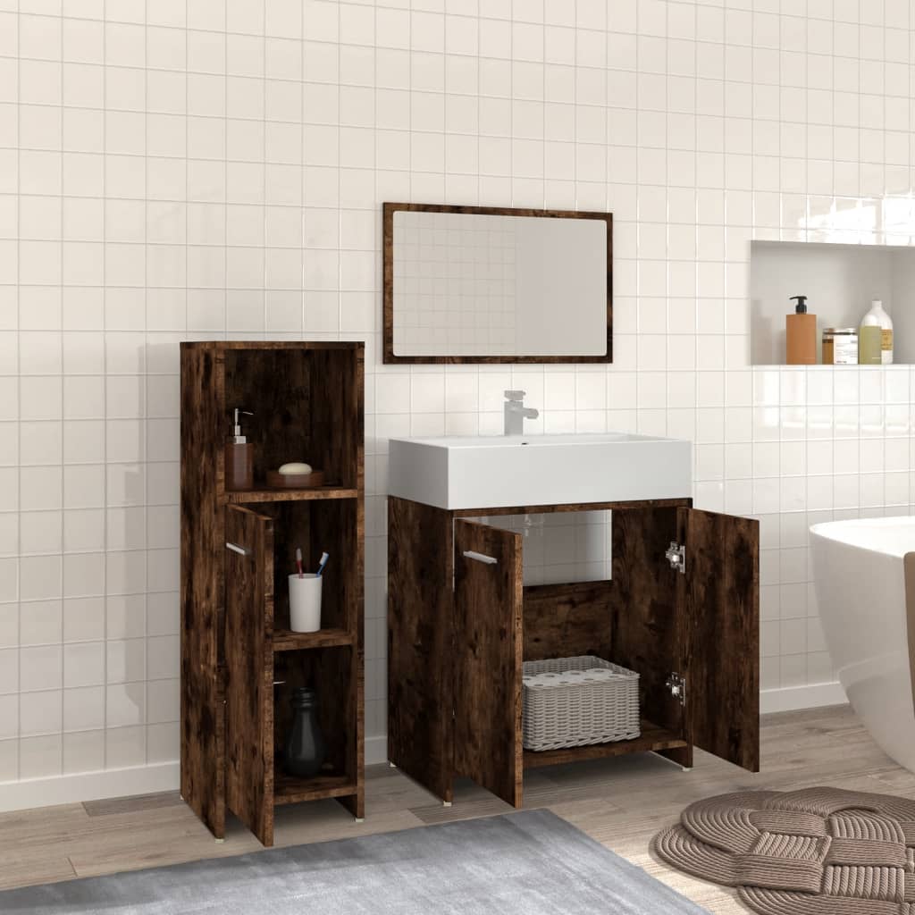 Set Mobili Da Bagno 3 Pz Rovere Fumo In Legno Multistrato