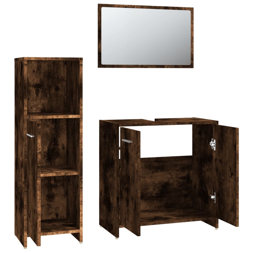 Set Mobili Da Bagno 3 Pz Rovere Fumo In Legno Multistrato