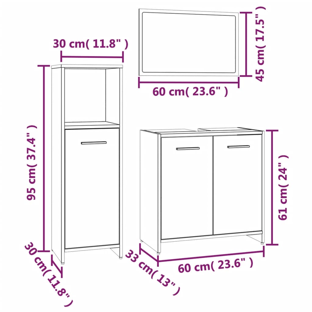 Set Mobili Da Bagno 3 Pz Rovere Fumo In Legno Multistrato