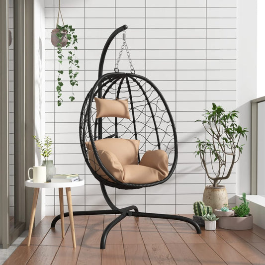 Poltrona Sospesa A Uovo Con Cuscino In Polyrattan E Acciaio Color Tortora
