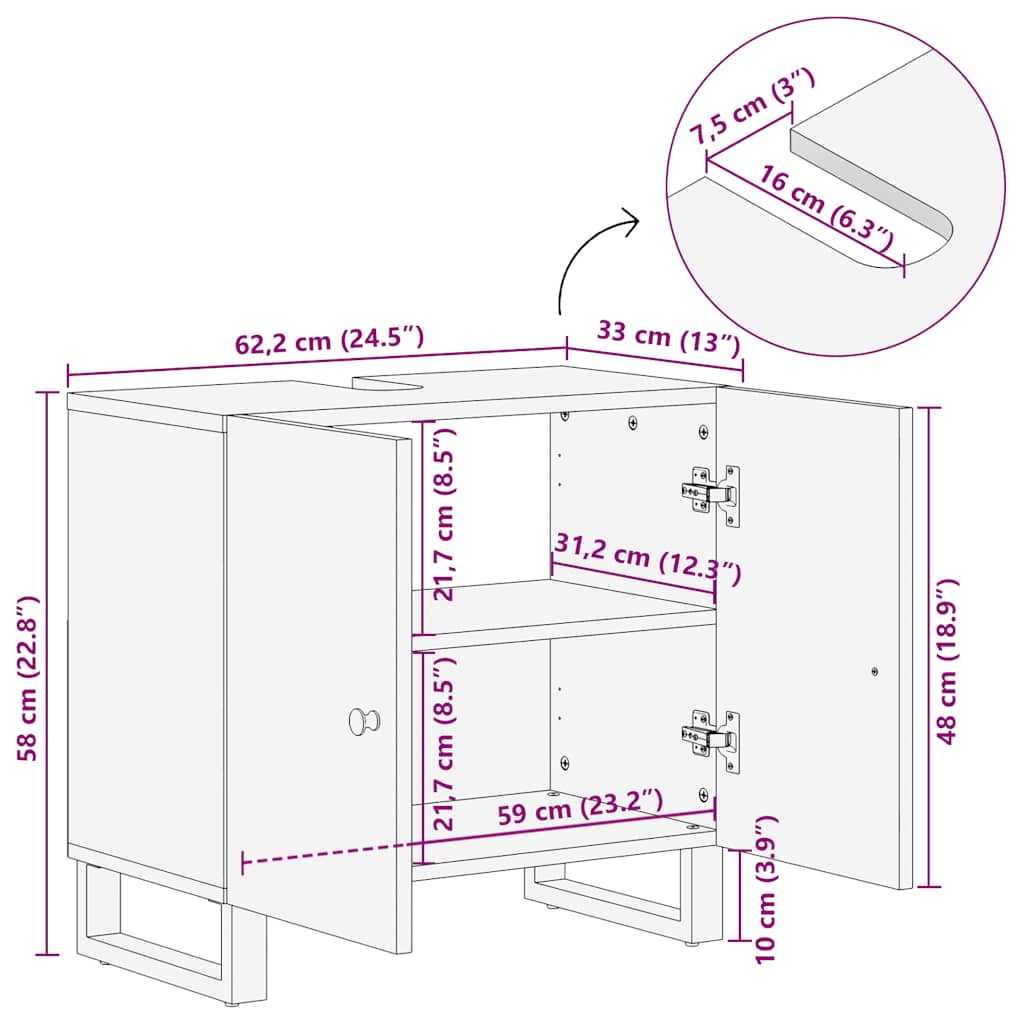 Mobile Lavabo 62X33X58 Cm Legno Massello Recupero E Multistrato