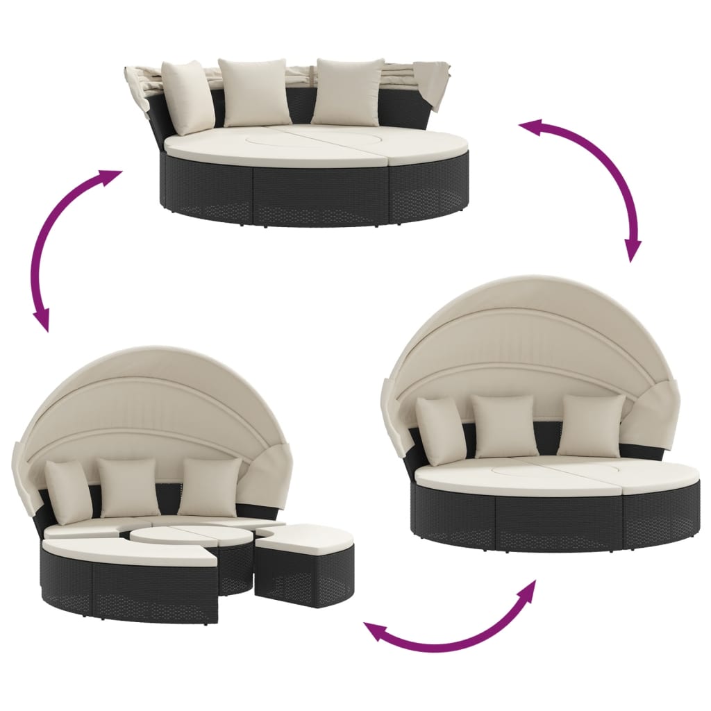 Lettino Prendisole Esterno Tetto E Cuscini Nero In Polyrattan