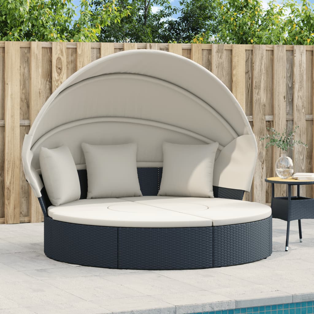 Lettino Prendisole Esterno Tetto E Cuscini Nero In Polyrattan