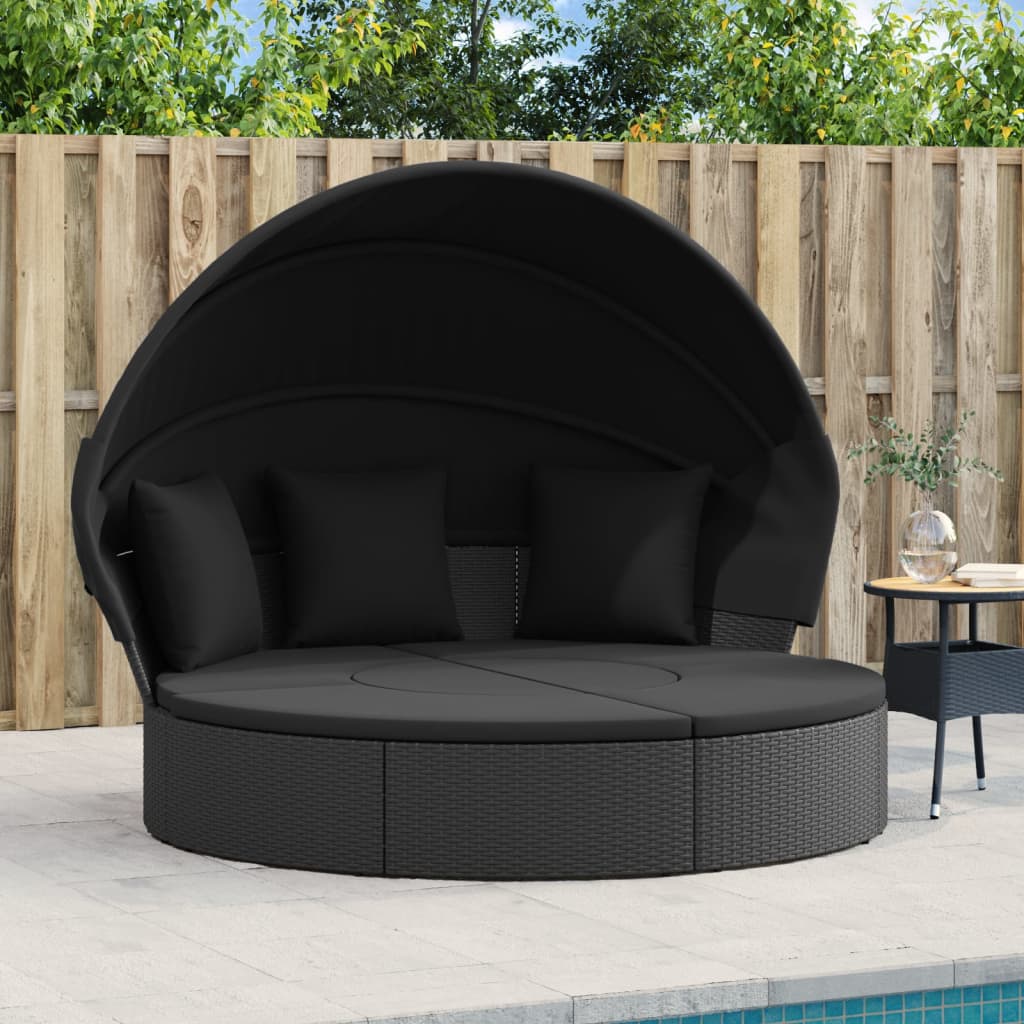 Lettino Prendisole Esterno Tetto E Cuscini Nero In Polyrattan
