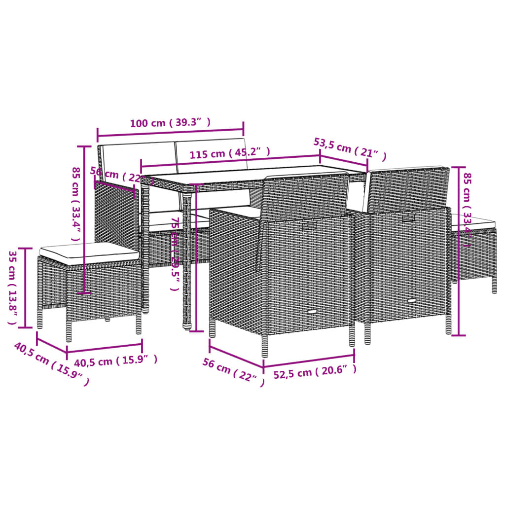Set Da Pranzo Da Giardino 6Pz Con Cuscini In Polyrattan