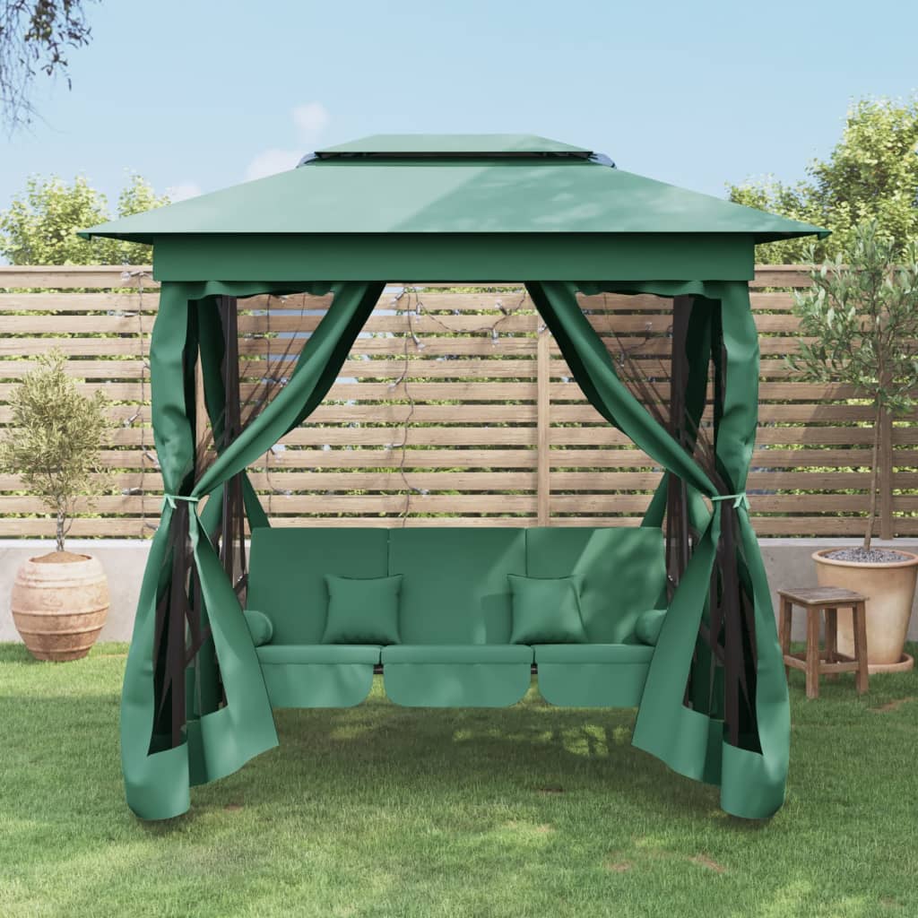 Gazebo Con Panca A Dondolo Convertibile Tessuto E Acciaio