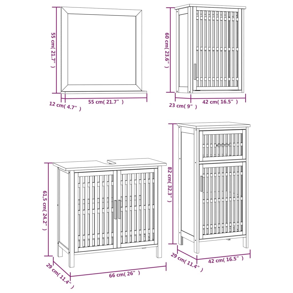 Set Mobili Da Bagno 4Pz In Legno Massello Di Noce