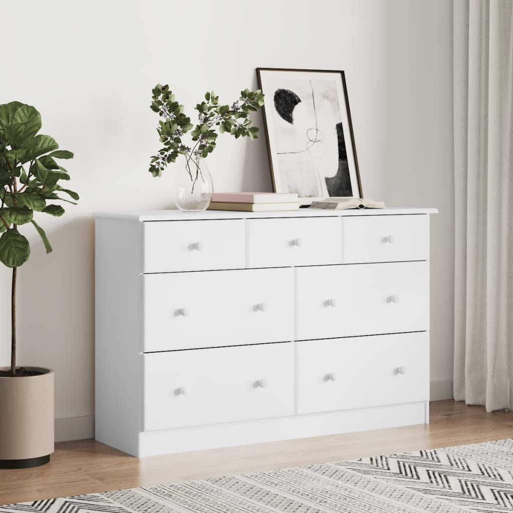 Cassettiera Alta Bianca 112X35X73 Cm In Legno Massello Di Pino