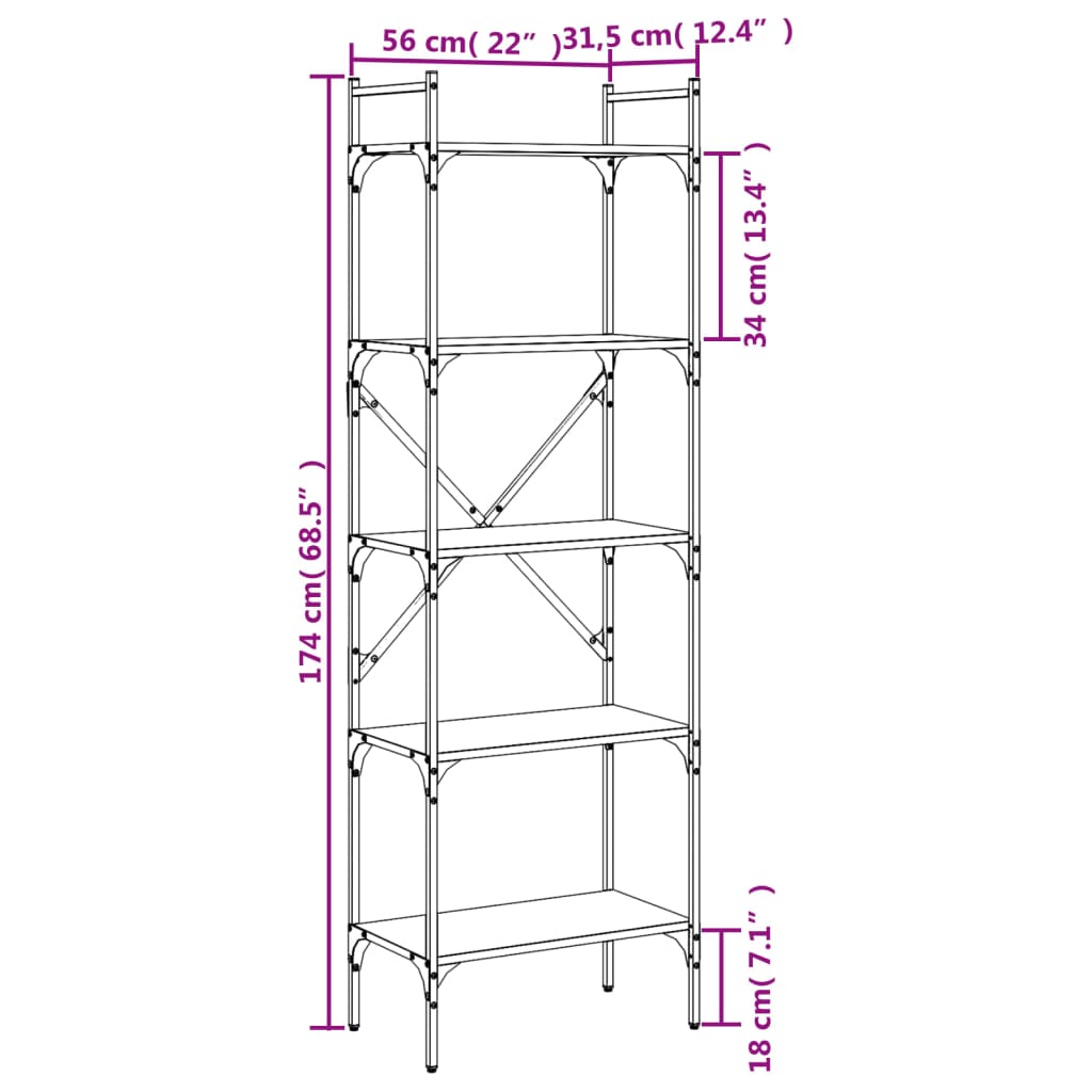 Libreria 5 Ripiani 56X31,5X Legno Multistrato Rovere Fumo