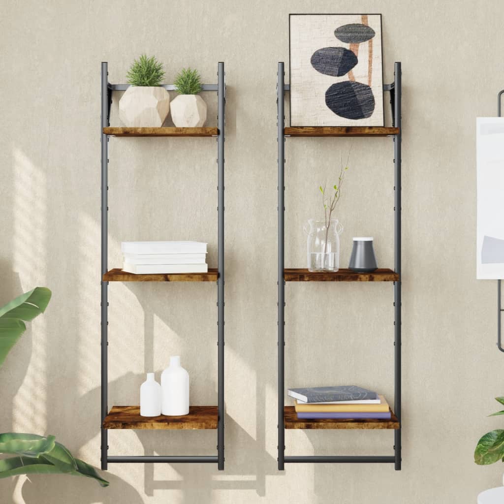 Mensole A Muro Con Aste 3 Livelli 2Pz Rovere Fumo