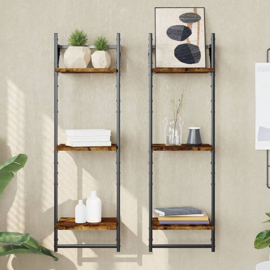 Mensole A Muro Con Aste 3 Livelli 2Pz Rovere Fumo