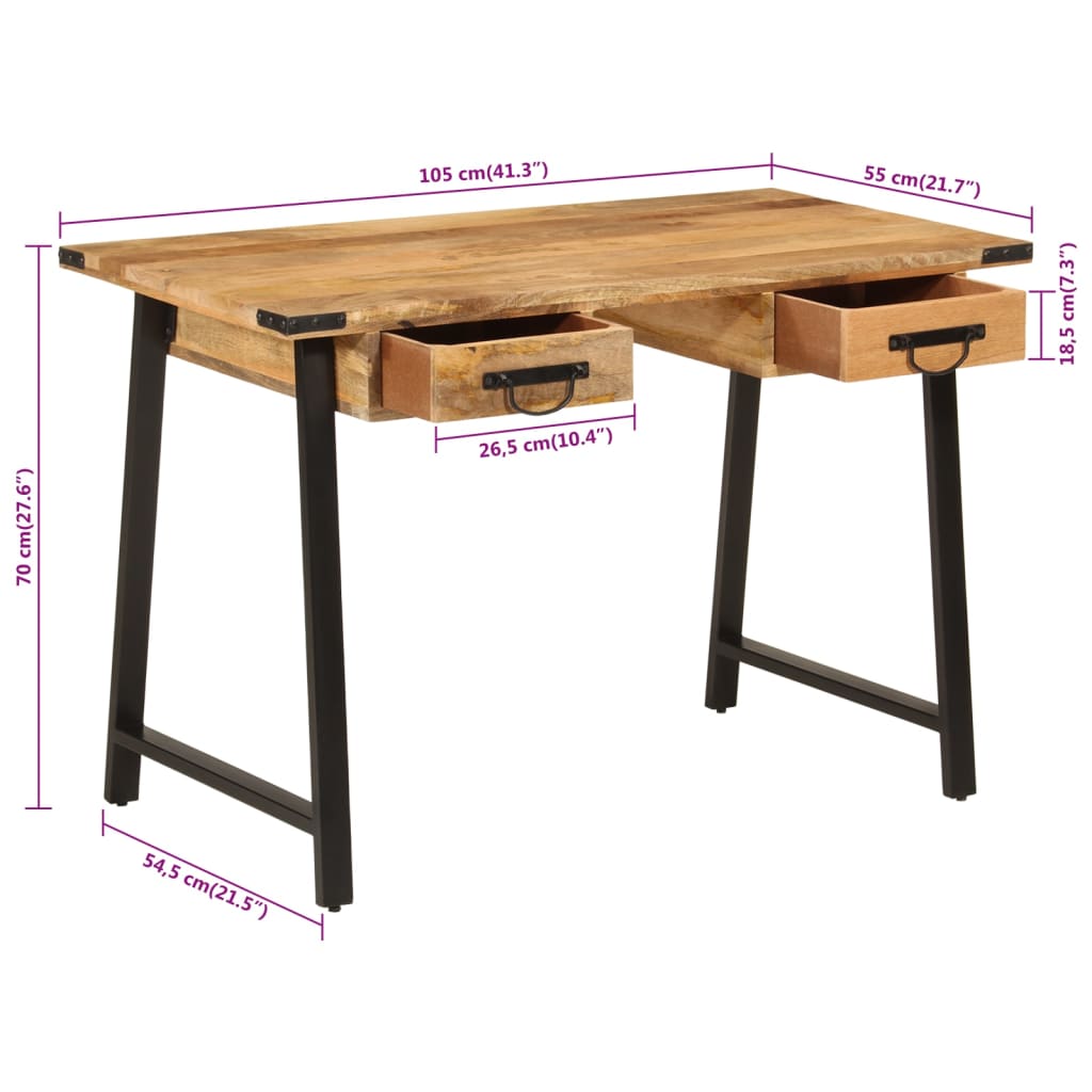 Scrivania Con Cassetti 105X55X70 Cm Legno Massello Mango Ferro