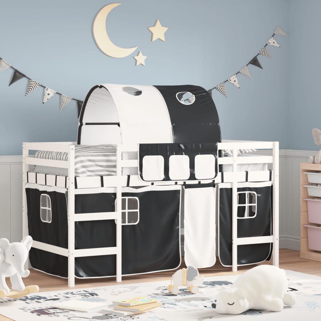 Letto A Soppalco Con Tunnel Bambini Bianco E Nero 90X200Cm Pino