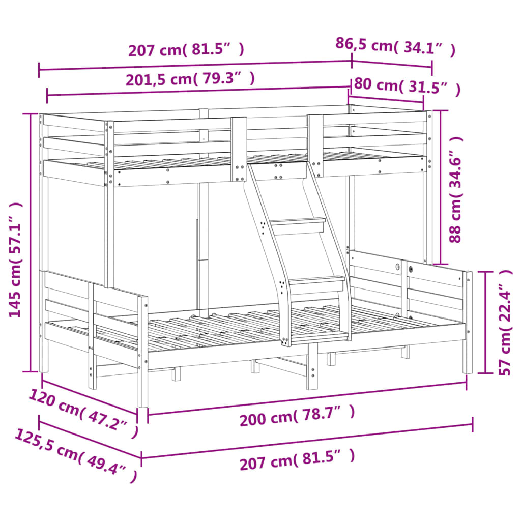 Letto A Castello 80X200/120X200 Cm Marrone Cera Massello Pino
