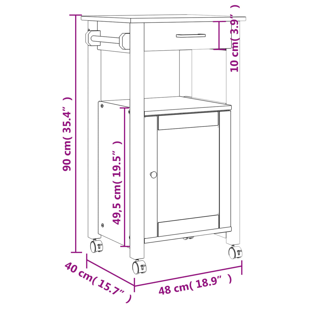 Carrello Da Cucina Monza 48X40X88,5 Cm In Legno Massello Di Pino