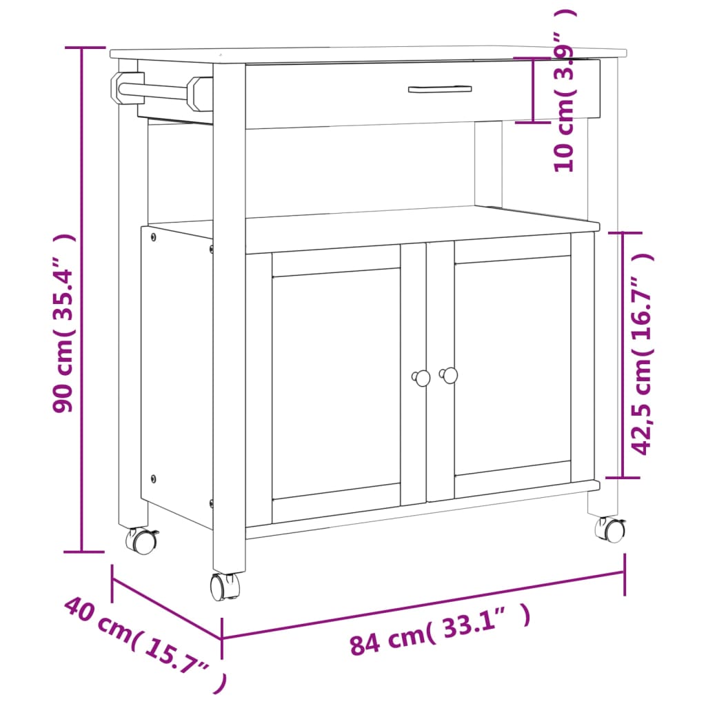 Carrello Da Cucina Monza 84X40X88,5 Cm In Legno Massello Di Pino Bianco