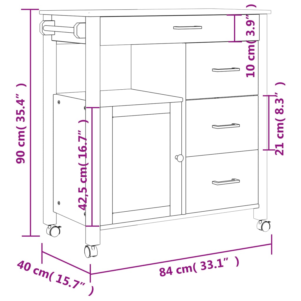 Carrello Da Cucina Monza 84X40X88,5 Cm In Legno Massello Di Pino